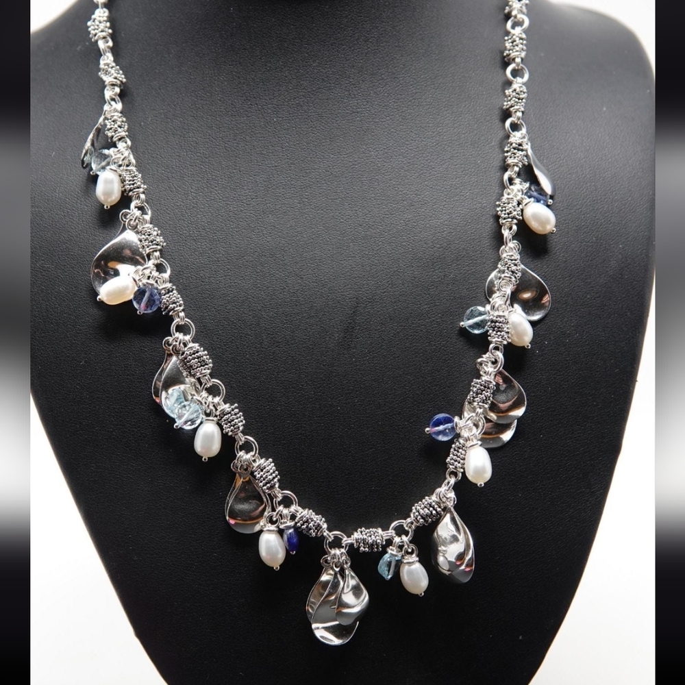 Michael Dawkins pearl & blue topaz sterling necklace. Stamped "Michael Dawkins".